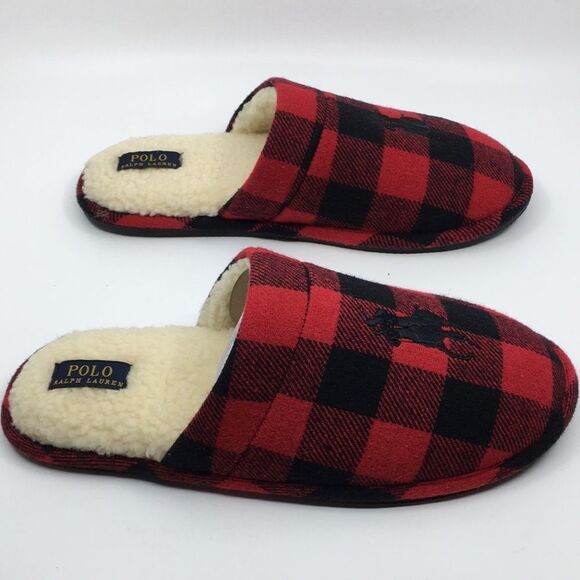 Polo Ralph Lauren Big Pony Red and Black Buffalo Plaid faux Sherpa Slippers L - Picture 10 of 16
